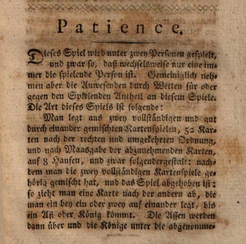 The 1788 German book Das Neue Königliche l’Hombre details the game of Patience